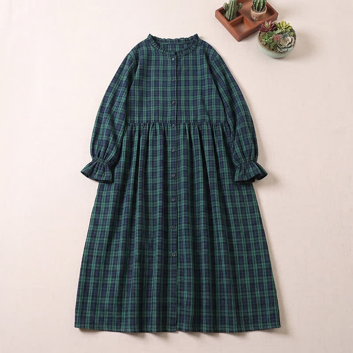 Vestido midi de manga larga con volantes, botones sencillos y bolsillos de Buddha Stones - Cuadros negros y verde oscuro - US8-10，UK/AU12-14，EU40-42 (2XL) - image 0