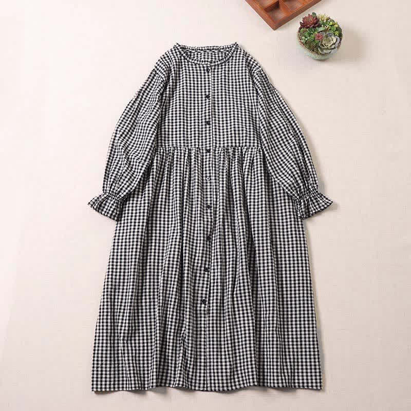 Vestido midi de manga larga con volantes, botones sencillos y bolsillos de Buddha Stones - Cuadros blancos y negros - US8-10，UK/AU12-14，EU40-42 (2XL) - image 6