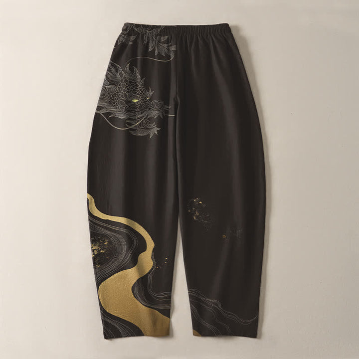 Buddha Stones Pantalones de hombre de algodón puro con estampado de nube y dragón dorado, cordón ajustable y corte cónico, con bolsillos. - image 14