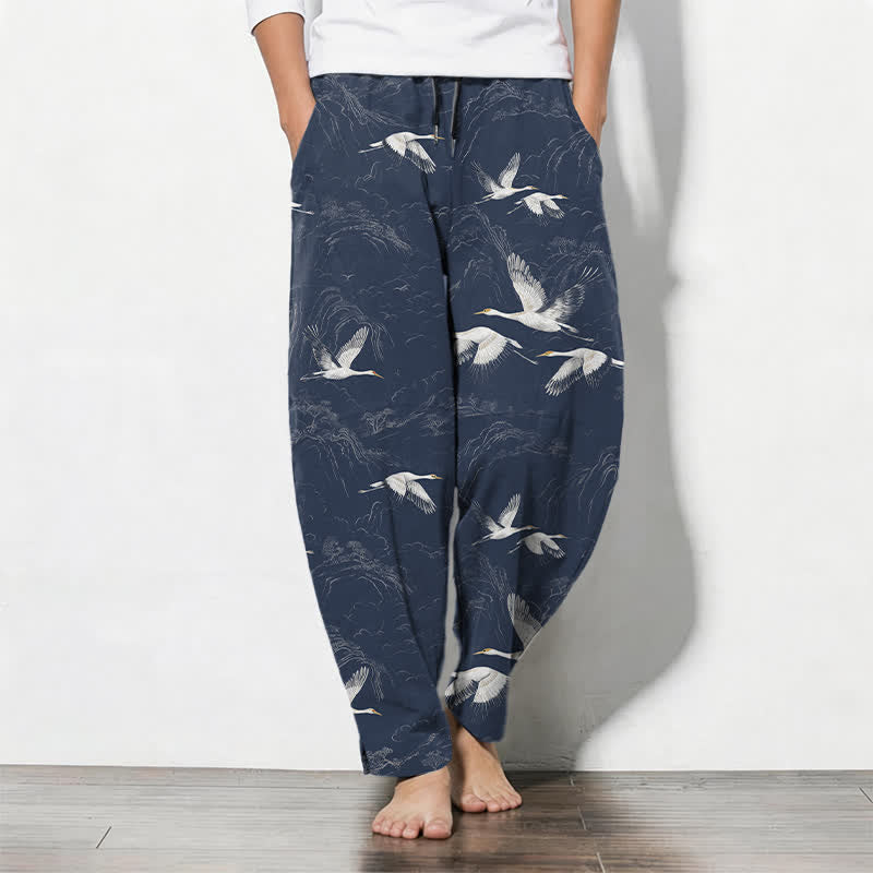 Buddha Stones Pantalones de hombre de algodón puro, color blanco, con estampado de grullas y pinos, corte ajustado, cordón y bolsillos. - Azul medianoche - US/UK/AU50, EU60 (5XL) - image 0