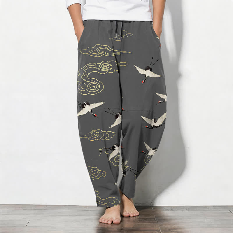 Buddha Stones Pantalones de hombre de algodón puro, color blanco, con estampado de grullas de corona roja y nubes, corte ajustado, con cordón y bolsillos. - Gris oscuro - US/UK/AU50, EU60 (5XL) - image 0
