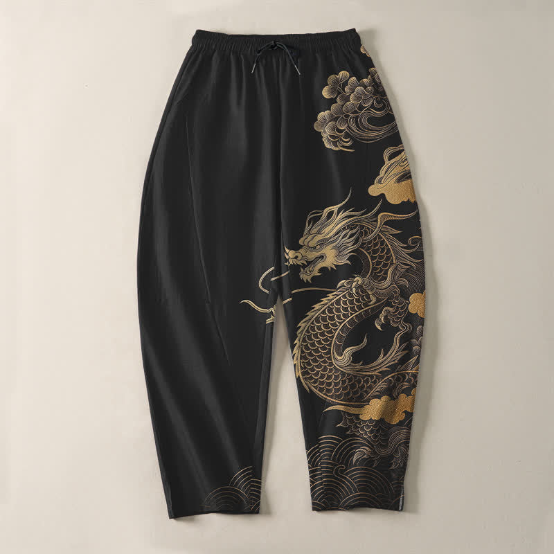 Buddha Stones Pantalones de hombre de algodón puro con estampado de nube y dragón dorado, cordón ajustable y corte cónico, con bolsillos. - image 9