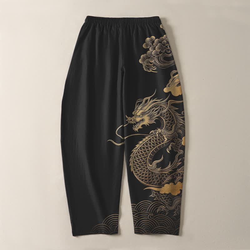 Buddha Stones Pantalones de hombre de algodón puro con estampado de nube y dragón dorado, cordón ajustable y corte cónico, con bolsillos. - image 10