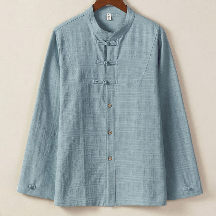 Buddha Stones Camisas de manga larga para hombre, estilo Tang vintage, con cuello mandarín y botones de rana, para otoño/invierno. - Azul acero claro - US/UK/AU46, EU56 (5XL) - image 0
