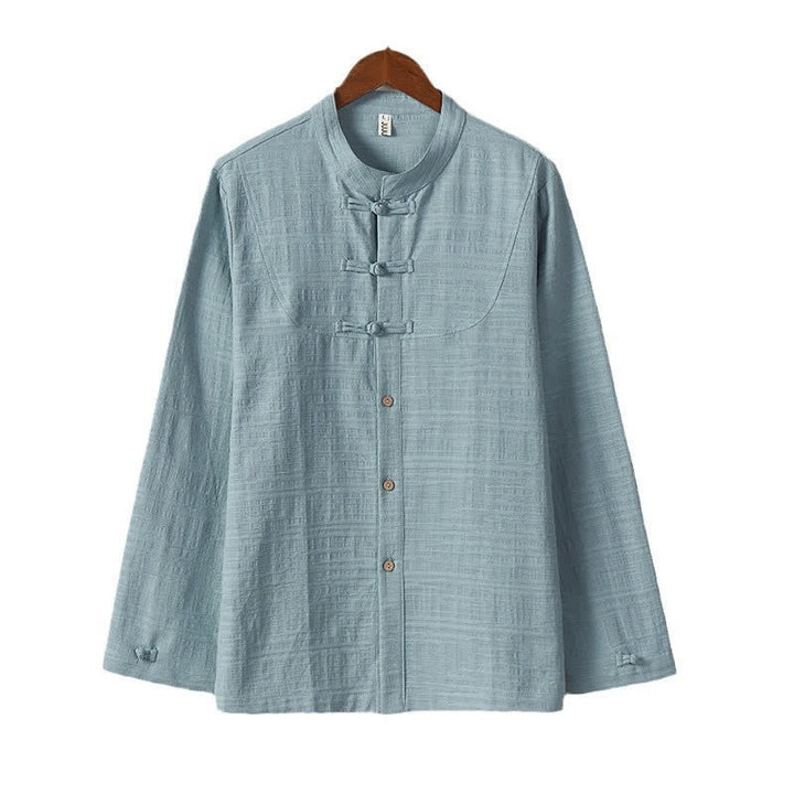 Buddha Stones Camisas de manga larga para hombre, estilo Tang vintage, con cuello mandarín y botones de rana, para otoño/invierno. - image 1