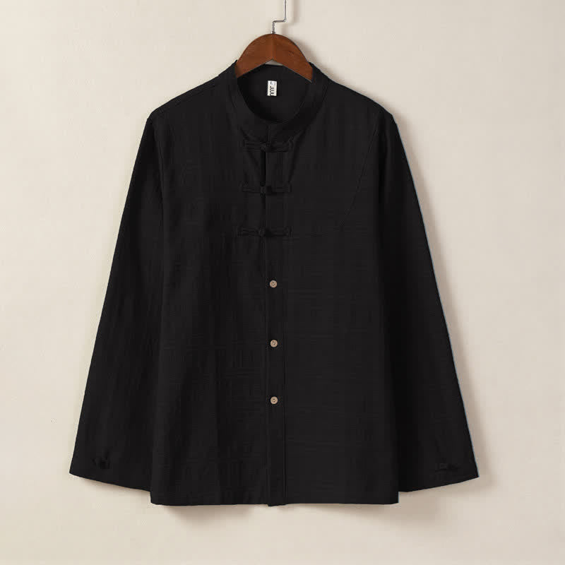 Buddha Stones Camisas de manga larga para hombre, estilo Tang vintage, con cuello mandarín y botones de rana, para otoño/invierno. - Negro - US/UK/AU46, EU56 (5XL) - image 2