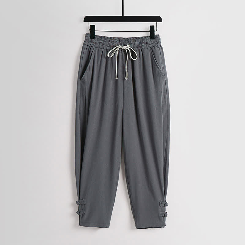 Buddha Stones Conjunto de 2 piezas de ropa de meditación estilo Tang de verano con botones de rana, camisa sin mangas de lino con cuello en V y pantalones, ropa de meditación para hombre con bolsillos. - image 5