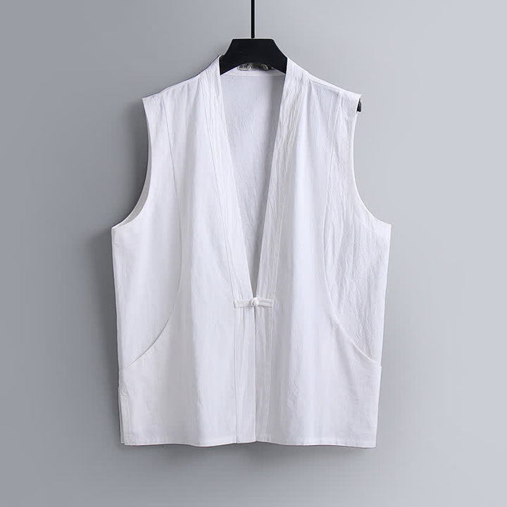 Buddha Stones Conjunto de 2 piezas de ropa de meditación estilo Tang de verano con botones de rana, camisa sin mangas de lino con cuello en V y pantalones, ropa de meditación para hombre con bolsillos. - image 22