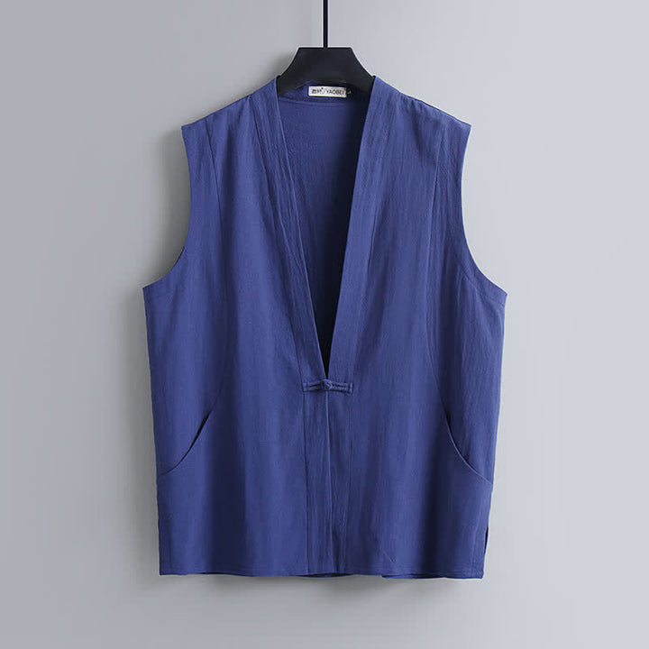 Buddha Stones Conjunto de 2 piezas de ropa de meditación estilo Tang de verano con botones de rana, camisa sin mangas de lino con cuello en V y pantalones, ropa de meditación para hombre con bolsillos. - image 1