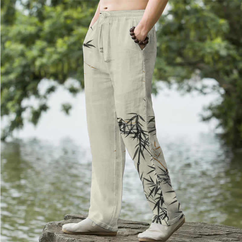 Buddha Stones Pantalones de hombre de algodón con estampado de bambú y corte ajustado, con bolsillos. - image 1