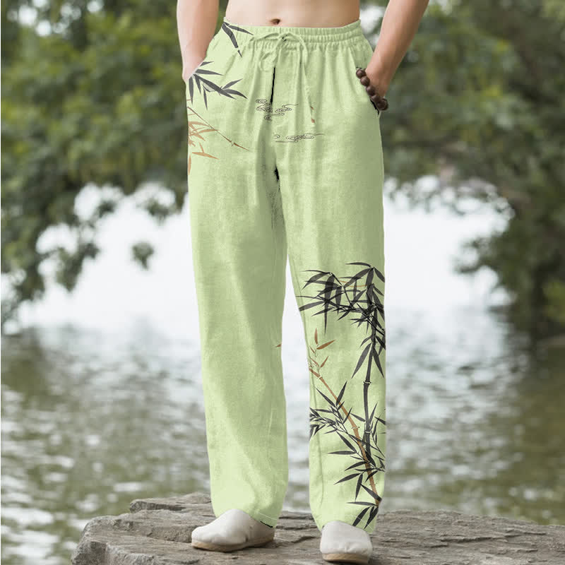 Buddha Stones Pantalones de hombre de algodón con estampado de bambú y corte ajustado, con bolsillos. - Verde claro - US/UK/AU50, EU60 (5XL) - image 4