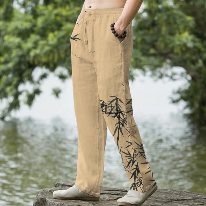 Buddha Stones Pantalones de hombre de algodón con estampado de bambú y corte ajustado, con bolsillos. - image 7