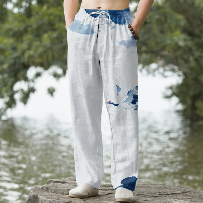 Buddha Stones Pantalones de hombre de algodón con estampado de grullas de corona roja, corte cónico y bolsillos. - Azul claro - US/UK/AU50, EU60 (5XL) - image 0