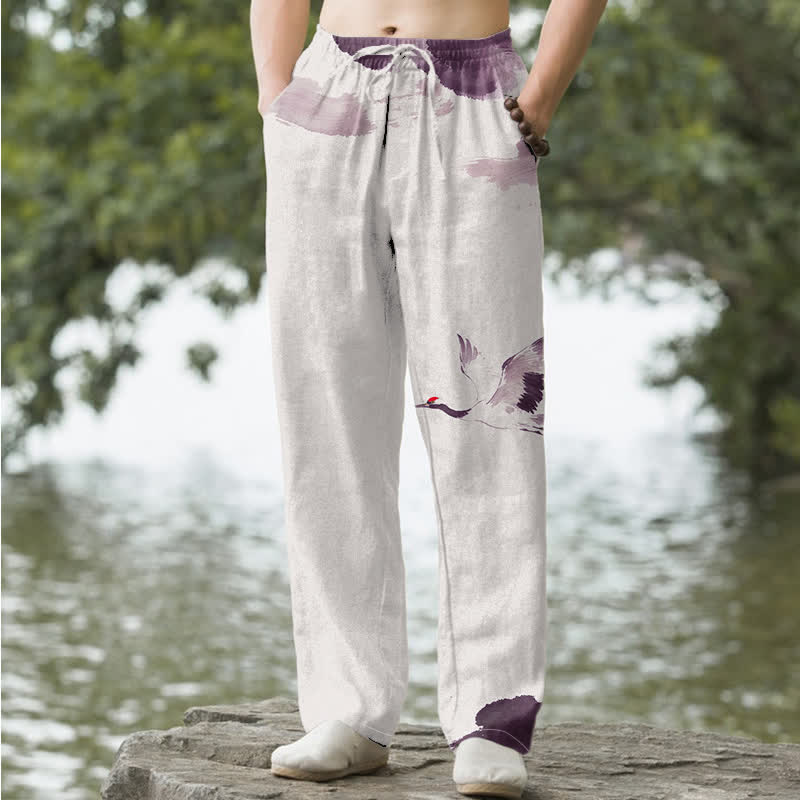 Buddha Stones Pantalones de hombre de algodón con estampado de grullas de corona roja, corte cónico y bolsillos. - Cardo - US/UK/AU50, EU60 (5XL) - image 4
