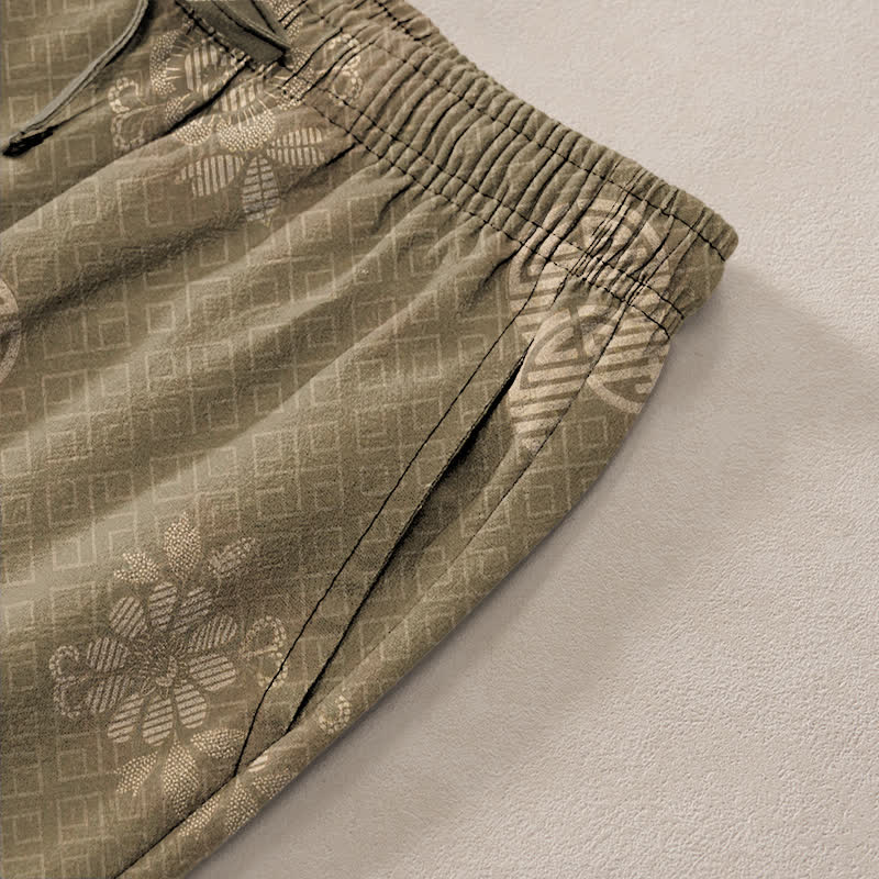 Buddha Stones Pantalones de hombre de algodón con estampado geométrico tribal y corte ajustado, con bolsillos. - image 3
