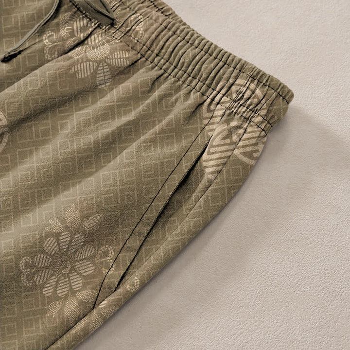 Buddha Stones Pantalones de hombre de algodón con estampado geométrico tribal y corte ajustado, con bolsillos. - image 3