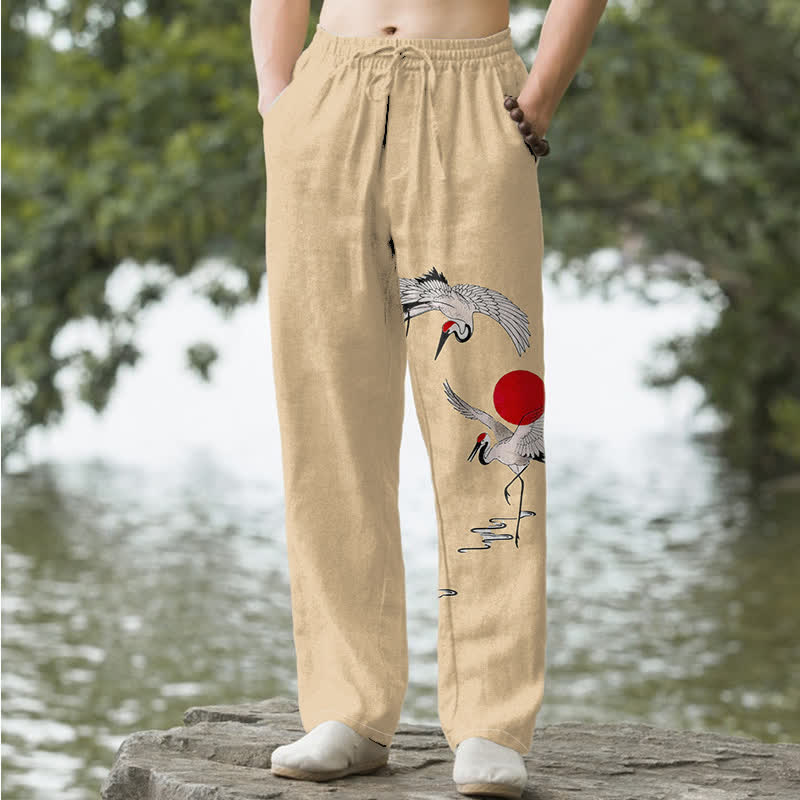 Buddha Stones Pantalones de hombre de algodón con estampado de grullas y sol rojo, corte ajustado y bolsillos. - Trigo - US/UK/AU50, EU60 (5XL) - image 4