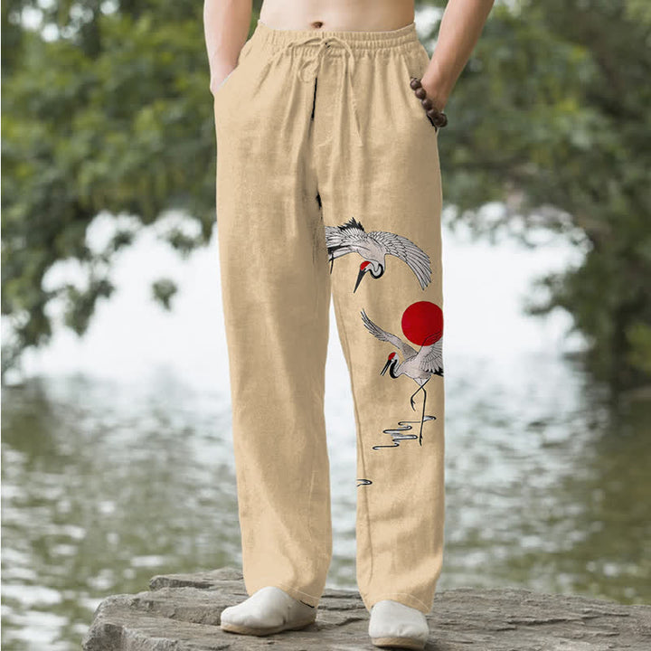 Buddha Stones Pantalones de hombre de algodón con estampado de grullas y sol rojo, corte ajustado y bolsillos. - Trigo - US/UK/AU50, EU60 (5XL) - image 4