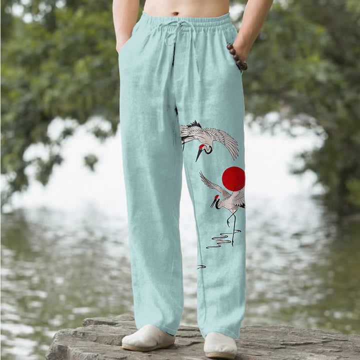 Buddha Stones Pantalones de hombre de algodón con estampado de grullas y sol rojo, corte ajustado y bolsillos. - Turquesa pálido - US/UK/AU50, EU60 (5XL) - image 6