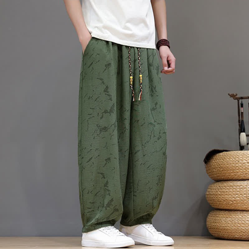 Buddha Stones Pantalones tobilleros de verano informales minimalistas con cordón y estampado abstracto texturizado para hombre, estilo harem con bolsillo. - image 1