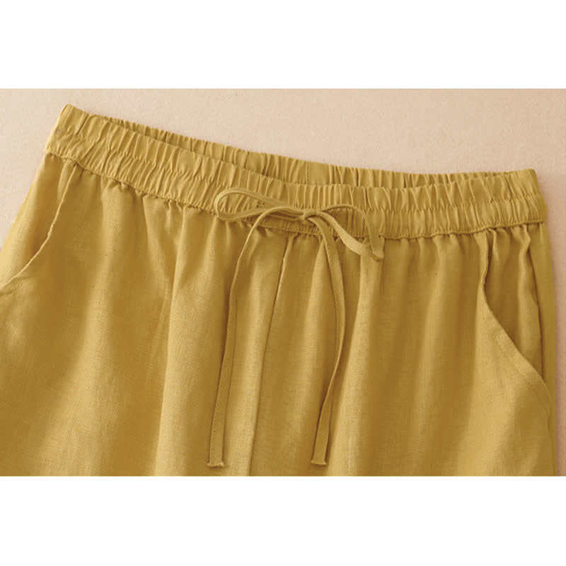 Buddha Stones Pantalones cortos de mujer de pierna recta con cordón ajustable y estampado floral liso, estilo casual de verano y estilo minimalista. - image 1