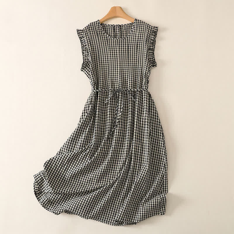 Buddha Stones Vestido de verano vintage informal de algodón y lino a cuadros con cordón ajustable para mujer, sin mangas y con bolsillo. - Negro - US8-10, UK/AU12-14, EU40-42 (2XL) - image 0
