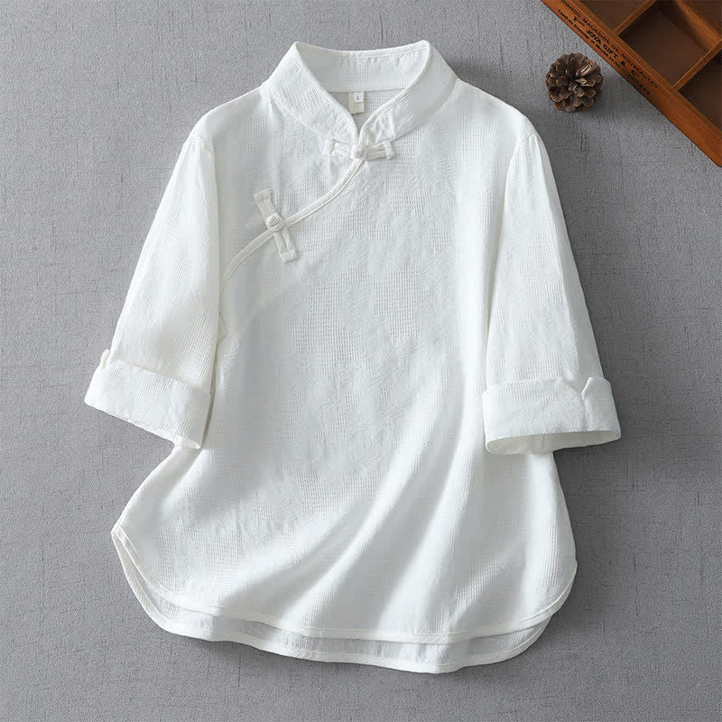Buddha Stones Camisas de manga tres cuartos para mujer, estilo casual, con cuello mandarín, color liso, estilo verano Tang. - Blanco - US12, UK/AU16, EU44 (3XL) - image 7