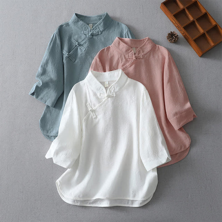 Buddha Stones Camisas de manga tres cuartos para mujer, estilo casual, con cuello mandarín, color liso, estilo verano Tang. - image 14