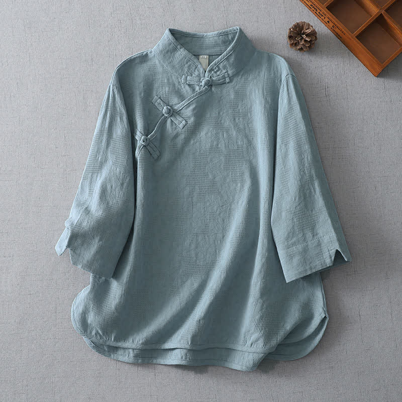 Buddha Stones Camisas de manga tres cuartos para mujer, estilo casual, con cuello mandarín, color liso, estilo verano Tang. - Azul acero claro - US12, UK/AU16, EU44 (3XL) - image 0