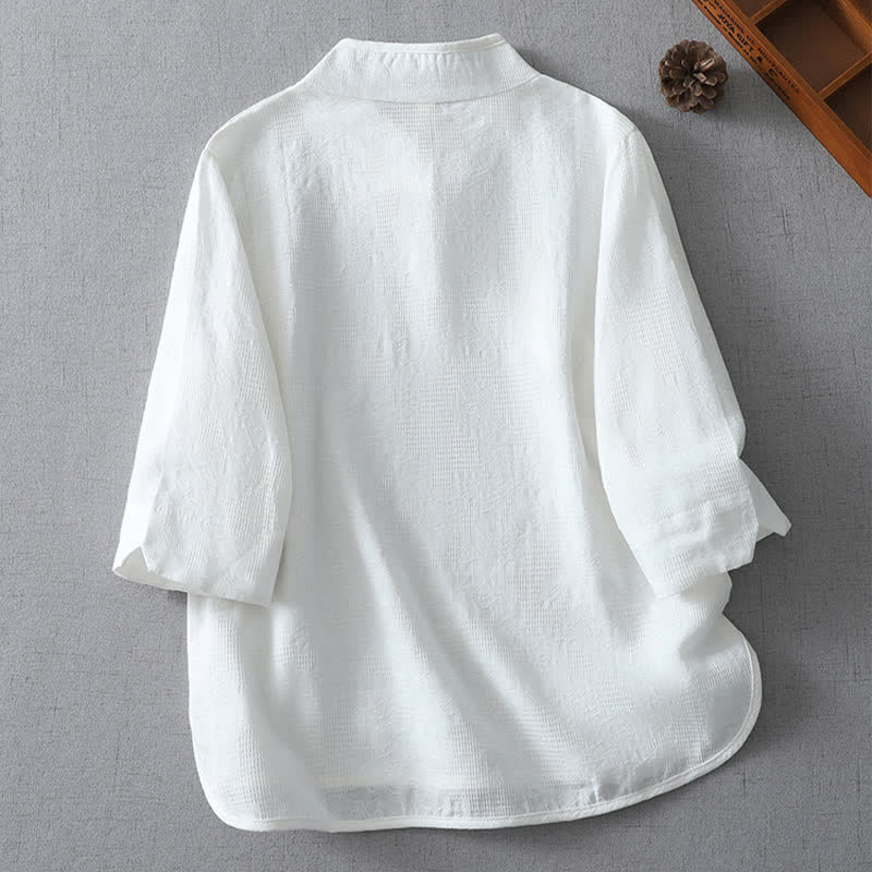 Buddha Stones Camisas de manga tres cuartos para mujer, estilo casual, con cuello mandarín, color liso, estilo verano Tang. - image 8