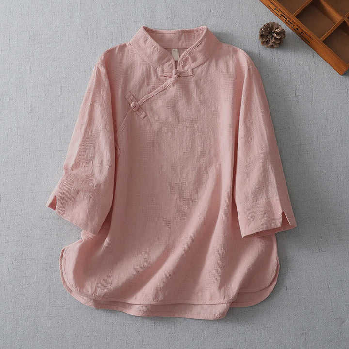 Buddha Stones Camisas de manga tres cuartos para mujer, estilo casual, con cuello mandarín, color liso, estilo verano Tang. - rosa claro - US12, UK/AU16, EU44 (3XL) - image 4