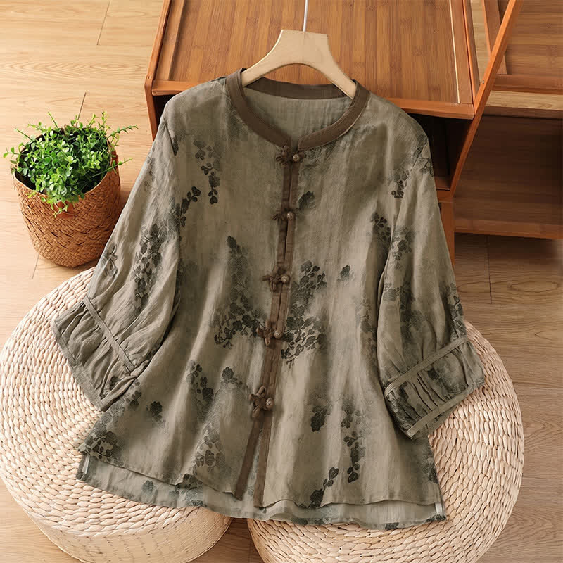 Buddha Stones Camisas de manga corta para mujer estilo Tang vintage de verano con cuello mandarín y estampado floral de hojas. - Broncearse - US8-10, UK/AU12-14, EU40-42 (2XL) - image 0