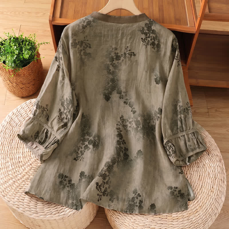 Buddha Stones Camisas de manga corta para mujer estilo Tang vintage de verano con cuello mandarín y estampado floral de hojas. - image 1