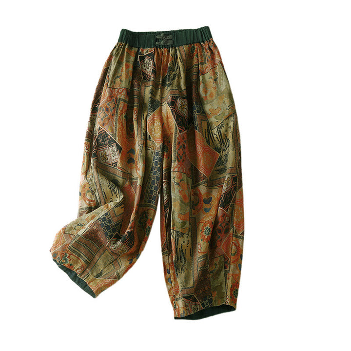 Pantalones harem para mujer con diseño retro informal de Buddha Stones y botones de rana chinos, con bolsillos. - image 19