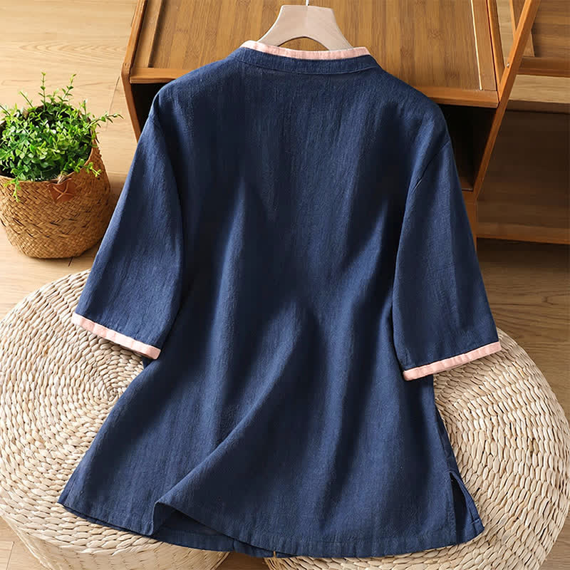 Buddha Stones Camisas de manga corta para mujer estilo Summer Tang Vintage con cuello redondo, botones de rana y contraste. - image 1