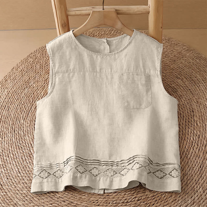 Buddha Stones Camiseta sin mangas vintage informal de verano con estampado geométrico, bajo hueco, botones en la espalda y bolsillo de parche. - Camisa de lino - US8-10, UK/AU12-14, EU40-42 (2XL) - image 31