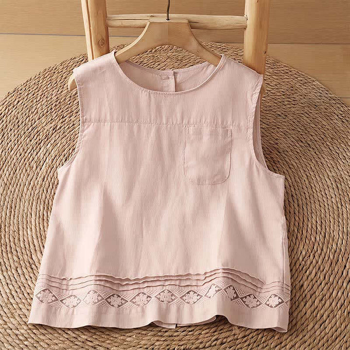 Buddha Stones Camiseta sin mangas vintage informal de verano con estampado geométrico, bajo hueco, botones en la espalda y bolsillo de parche. - Camisa rosa claro - US8-10, UK/AU12-14, EU40-42 (2XL) - image 0