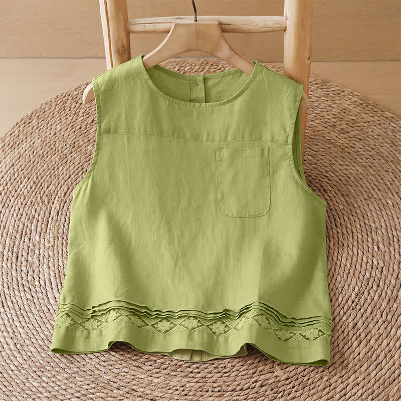 Buddha Stones Camiseta sin mangas vintage informal de verano con estampado geométrico, bajo hueco, botones en la espalda y bolsillo de parche. - Camisa amarillo-verde - US8-10, UK/AU12-14, EU40-42 (2XL) - image 15