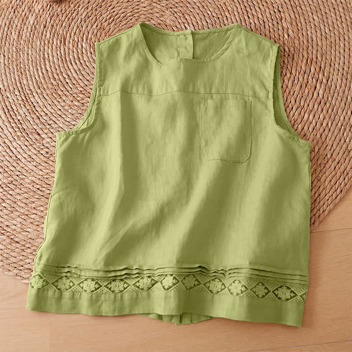 Buddha Stones Camiseta sin mangas vintage informal de verano con estampado geométrico, bajo hueco, botones en la espalda y bolsillo de parche. - image 16