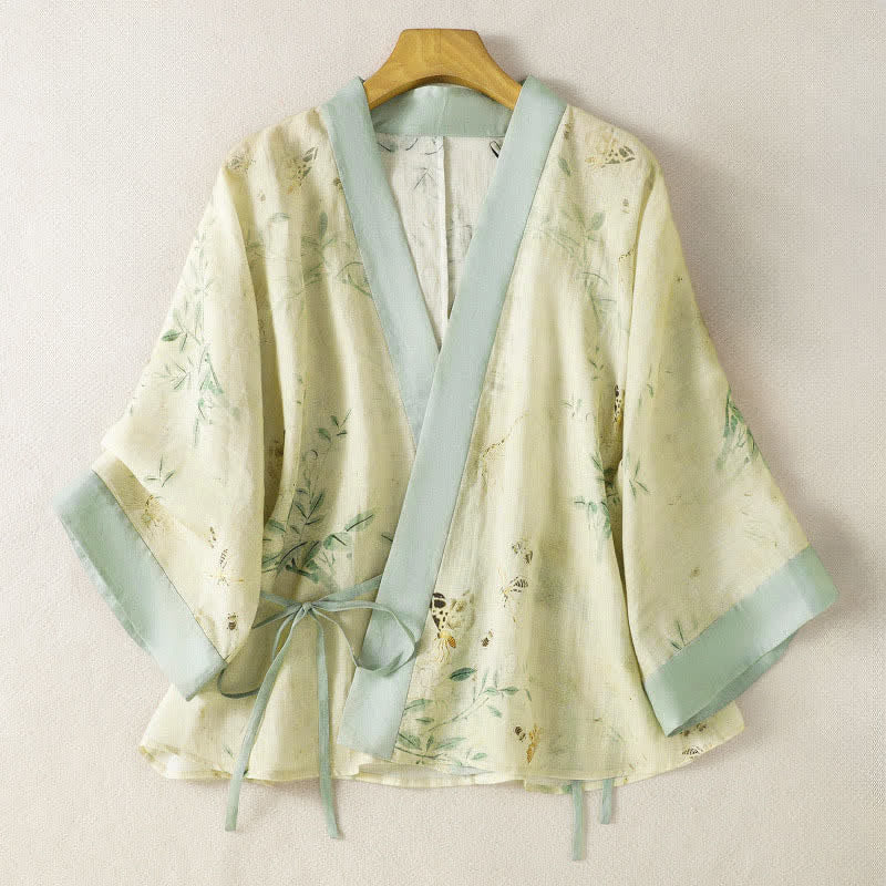 Buddha Stones Kimono de verano informal vintage con cuello en V, cordón ajustable, ribete floral en contraste y manga tres cuartos para mujer. - Beige - US8-10, UK/AU12-14, EU40-42 (2XL) - image 0