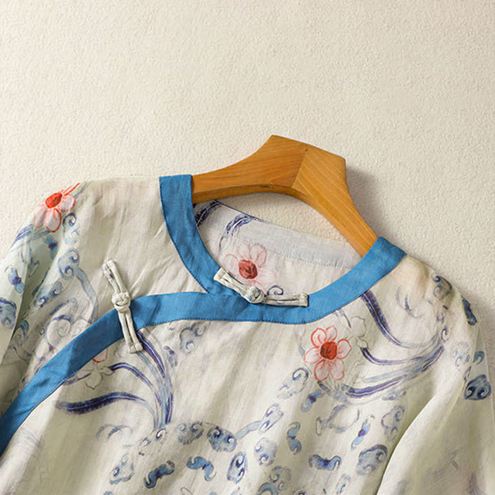 Buddha Stones Camisas de manga larga para mujer con estampado abstracto de botones de rana estilo vintage de Summer Tang - image 3