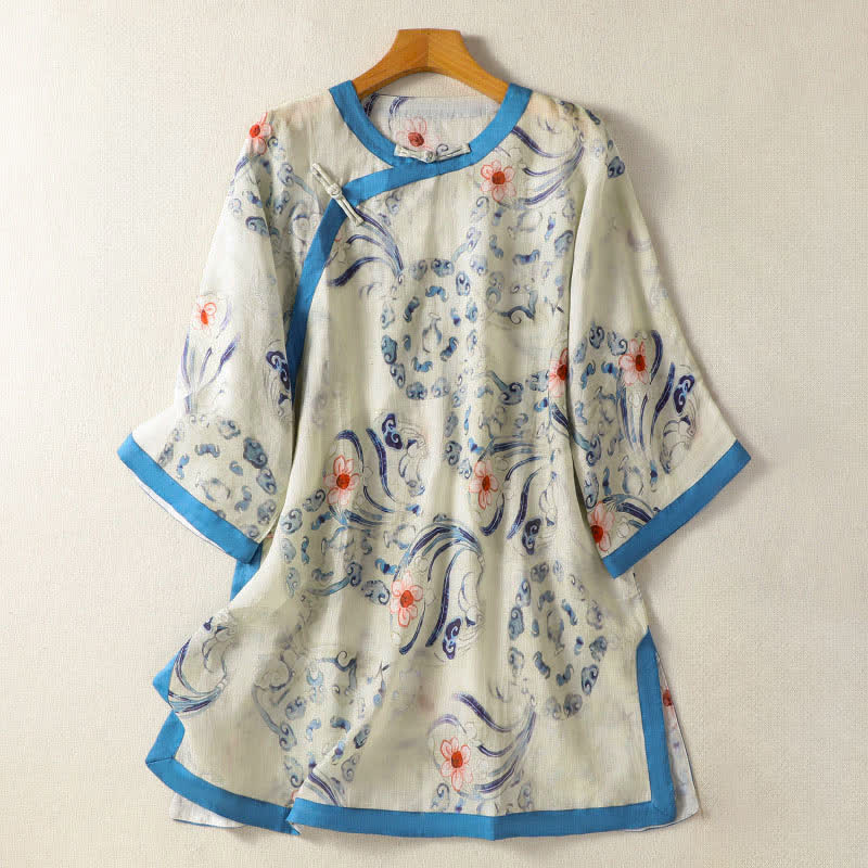 Buddha Stones Camisas de manga larga para mujer con estampado abstracto de botones de rana estilo vintage de Summer Tang - Blanco floral - US12, UK/AU16, EU44 (2XL) - image 0