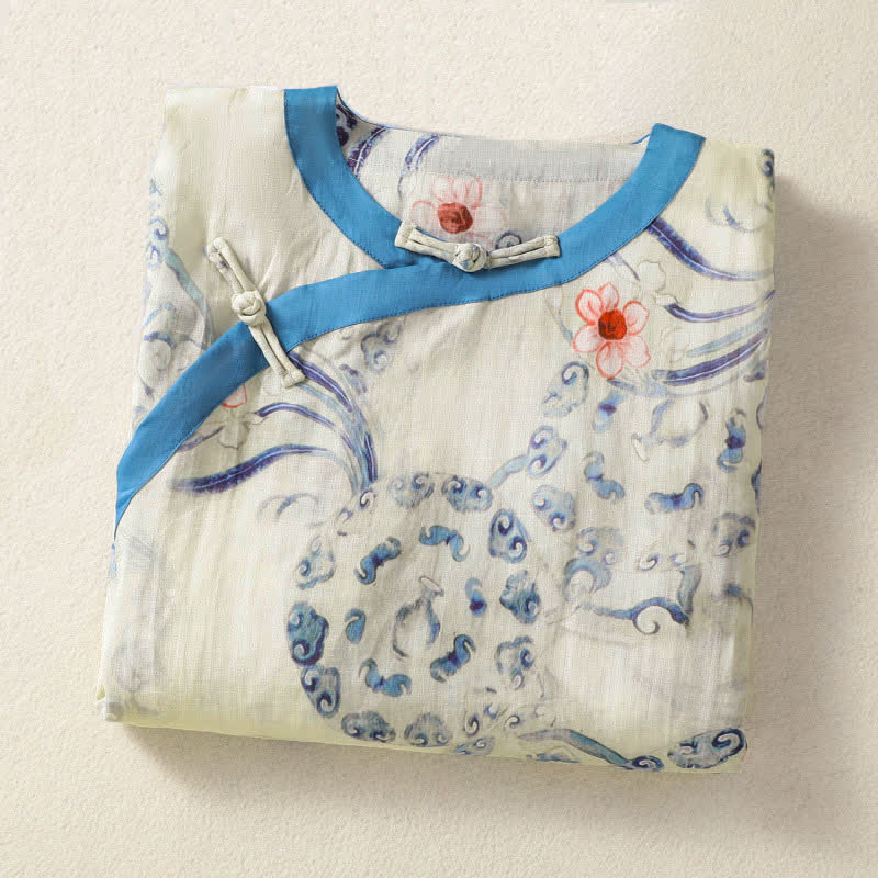Buddha Stones Camisas de manga larga para mujer con estampado abstracto de botones de rana estilo vintage de Summer Tang - image 2