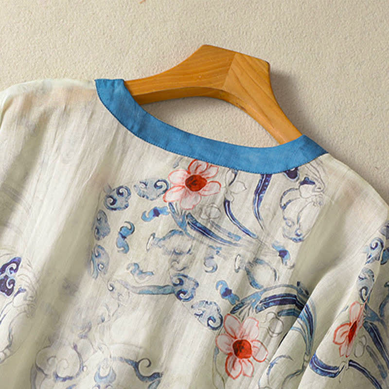 Buddha Stones Camisas de manga larga para mujer con estampado abstracto de botones de rana estilo vintage de Summer Tang - image 4