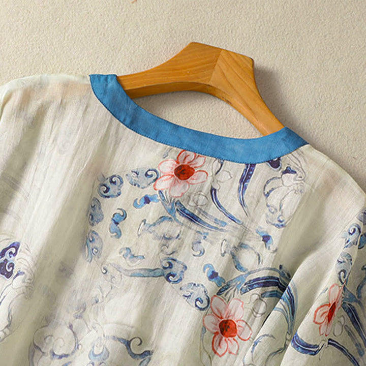Buddha Stones Camisas de manga larga para mujer con estampado abstracto de botones de rana estilo vintage de Summer Tang - image 4