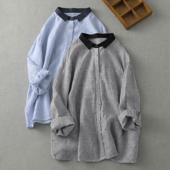 Buddha Stones Camisa de manga larga a rayas estilo Tang informal de verano para mujer con botones y bolsillo. - image 12