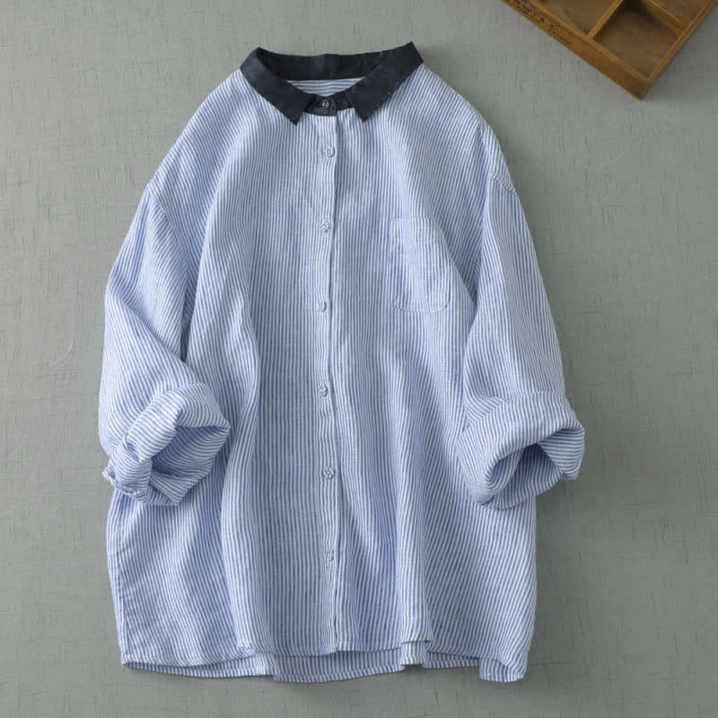 Buddha Stones Camisa de manga larga a rayas estilo Tang informal de verano para mujer con botones y bolsillo. - Azul claro - US8-10, UK/AU12-14, EU40-42 (2XL) - image 0