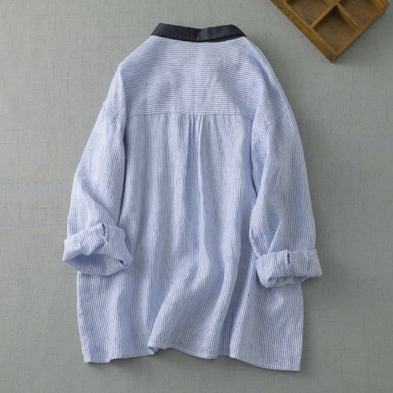Buddha Stones Camisa de manga larga a rayas estilo Tang informal de verano para mujer con botones y bolsillo. - image 1