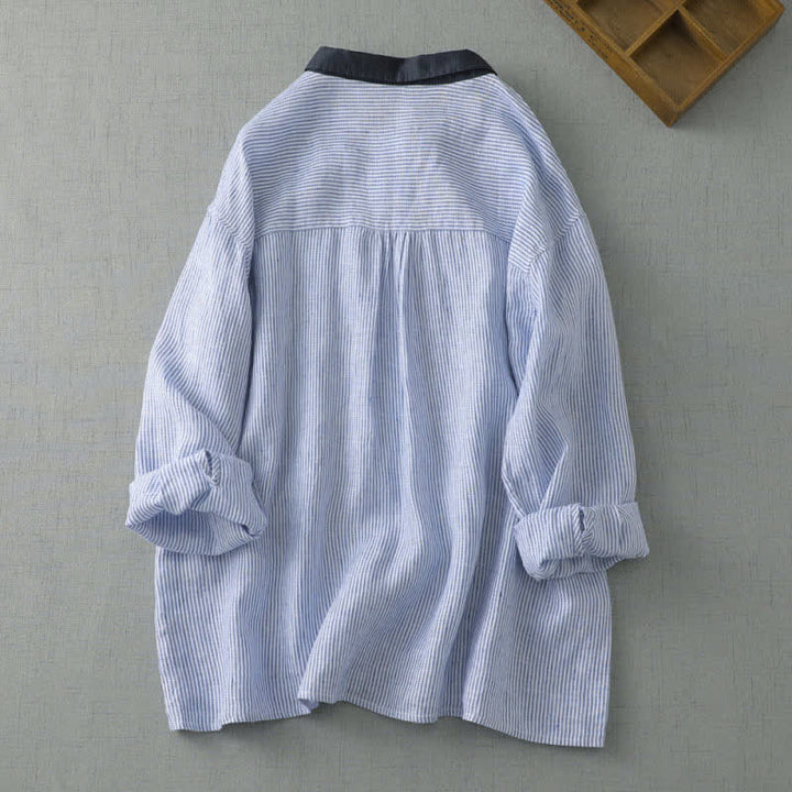 Buddha Stones Camisa de manga larga a rayas estilo Tang informal de verano para mujer con botones y bolsillo. - image 1