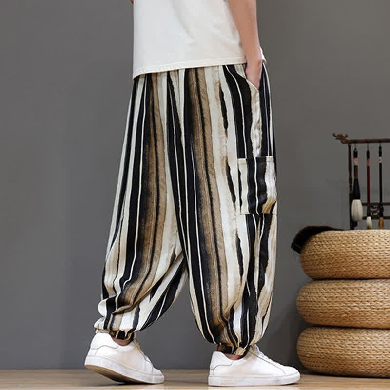 Buddha Stones Pantalones cortos de verano informales estilo boho con bolsillos de parche y rayas, pantalones harem para hombre con bolsillo. - image 17